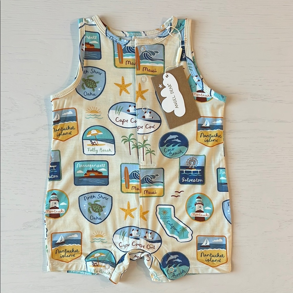 Angel Dear Bamboo Shortie Romper Beach Patches 3-6 12-18 months